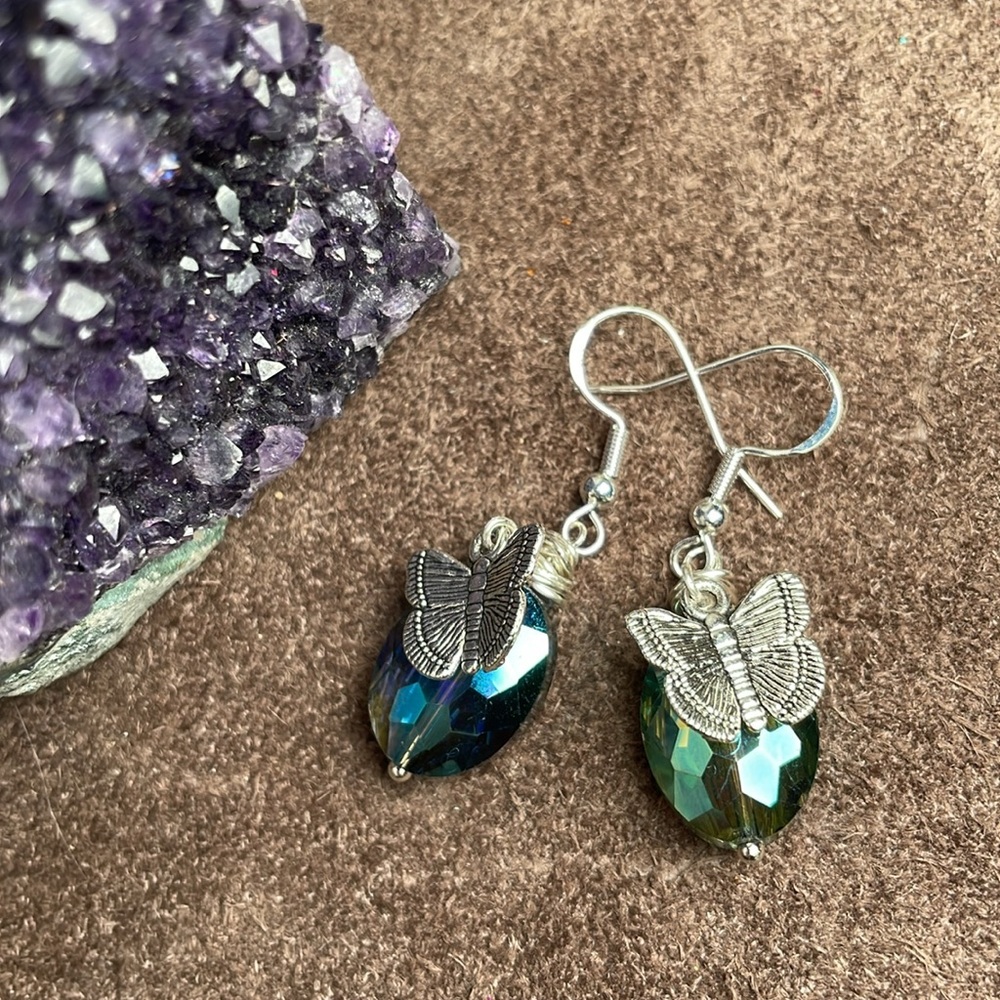 Austrian Crystal With Silver Charm Butterfly Dangling Artisan Earrings - Picture 9 of 13
